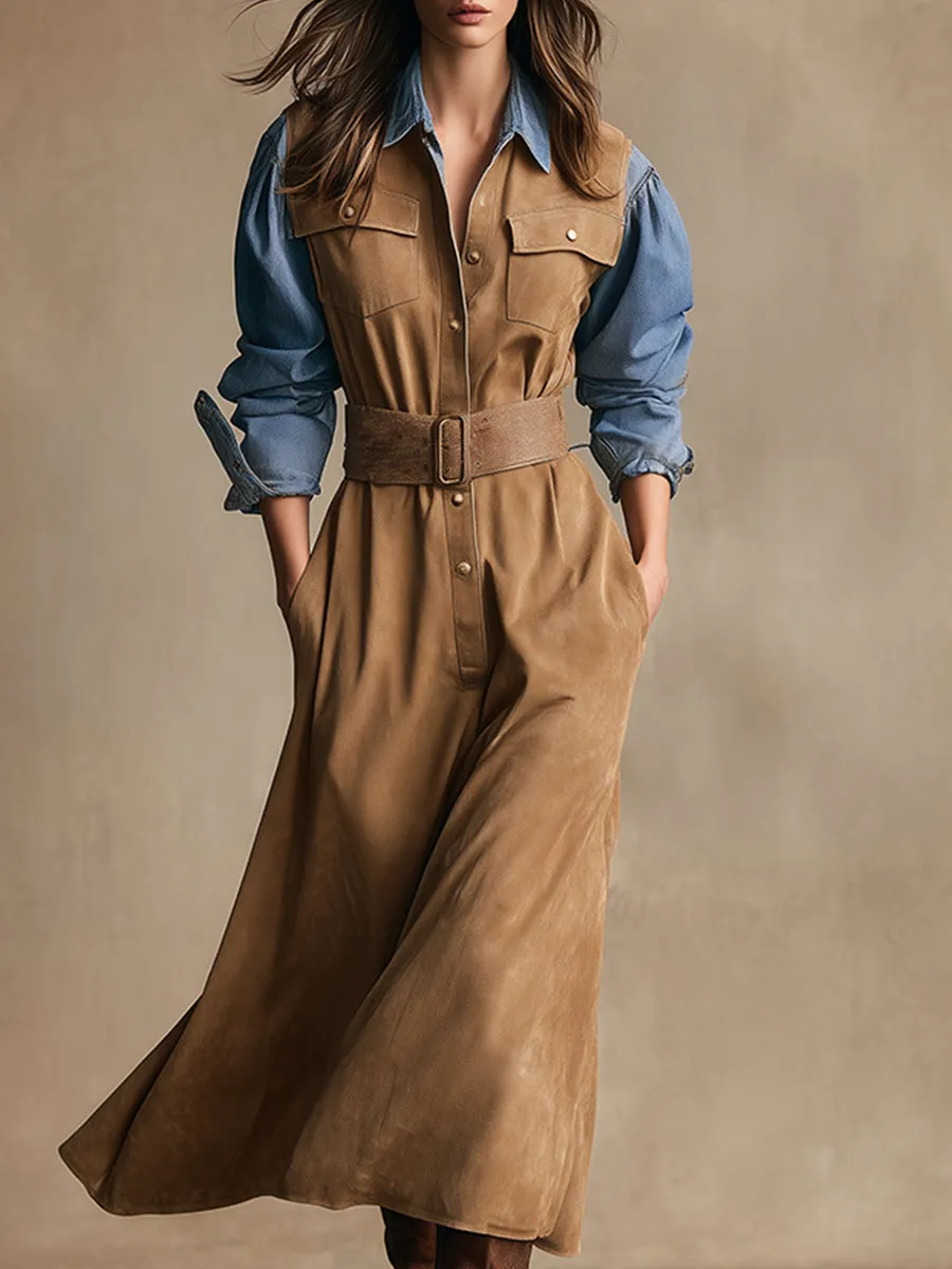 Retro-style Khaki Faux Suede Denim Long-sleeved Maxi Dress sold by Oyrosy