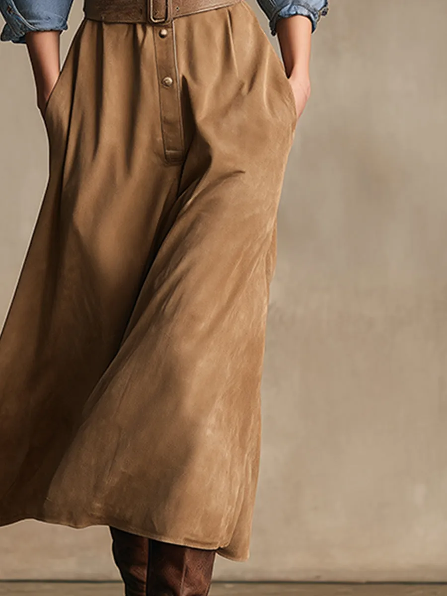 Retro-style Khaki Faux Suede Denim Long-sleeved Maxi Dress sold by Oyrosy product image thumbnail 4