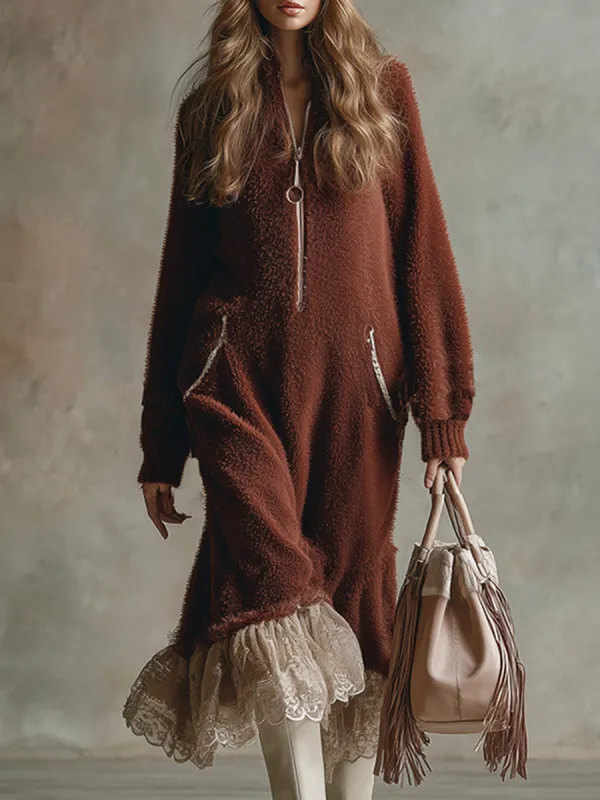 Retro-style Warm Lace Hem Brown-red Mohair Knit Midi Dress sold by Oyrosy