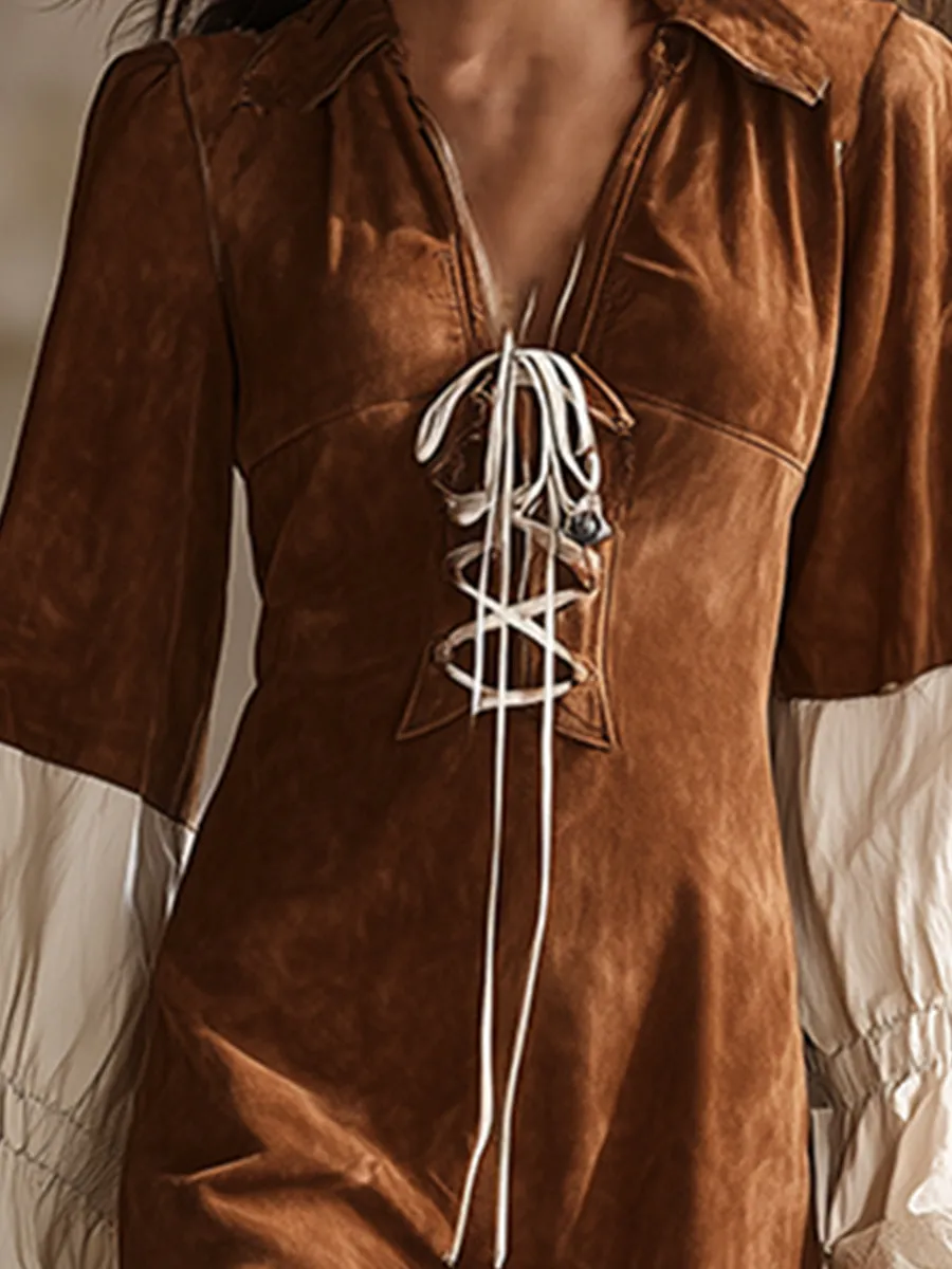 Retro Bohemian Brown Faux Suede Color Block Beige Long-Sleeved Maxi Dress sold by Oyrosy product image thumbnail 4