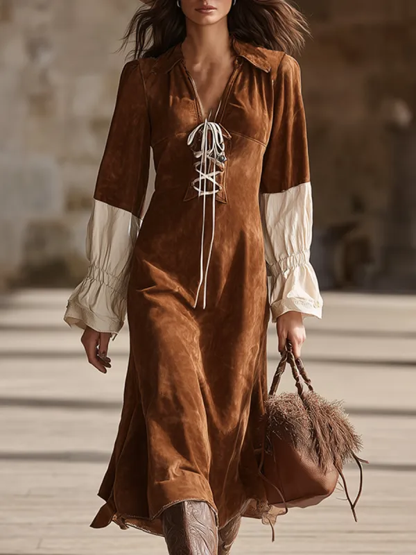 Retro Bohemian Brown Faux Suede Color Block Beige Long-Sleeved Maxi Dress sold by Oyrosy