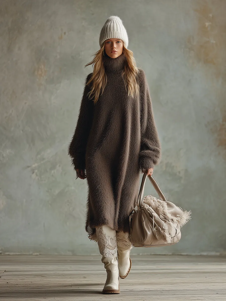 Retro-chic Loose-fitting Brown Turtleneck Mohair Midi Dress sold by Oyrosy product image thumbnail 2