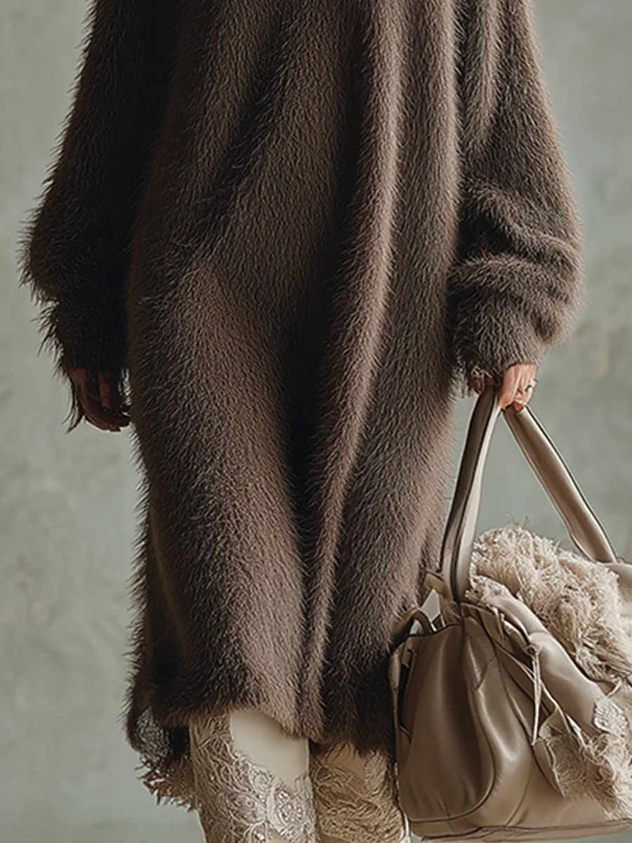 Retro-chic Loose-fitting Brown Turtleneck Mohair Midi Dress sold by Oyrosy product image thumbnail 3