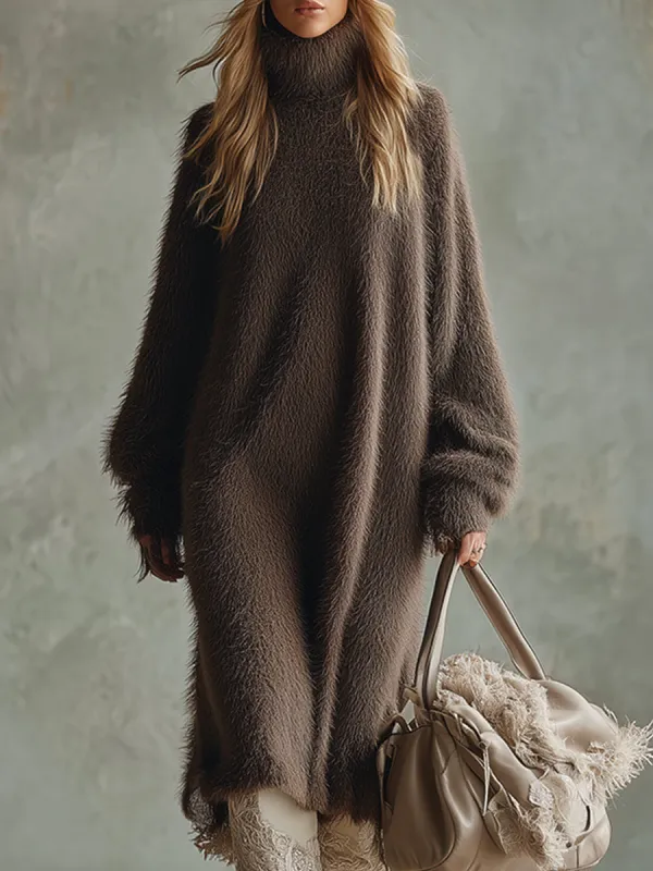 Retro-chic Loose-fitting Brown Turtleneck Mohair Midi Dress sold by Oyrosy