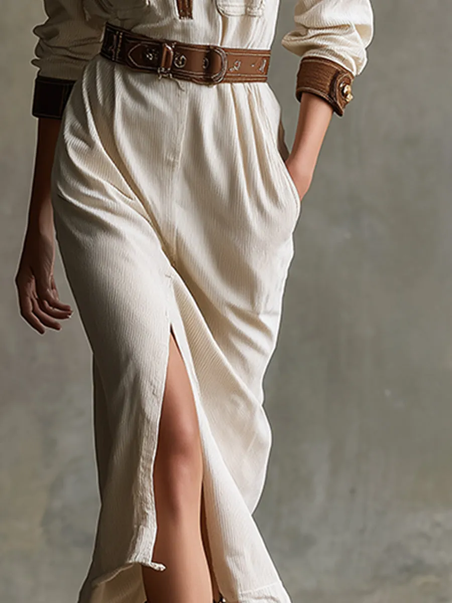 Retro-chic Beige And Brown Corduroy Midi Dress sold by Oyrosy product image thumbnail 4