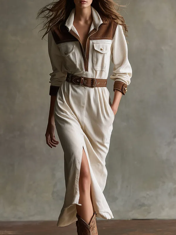 Retro-chic Beige And Brown Corduroy Midi Dress sold by Oyrosy