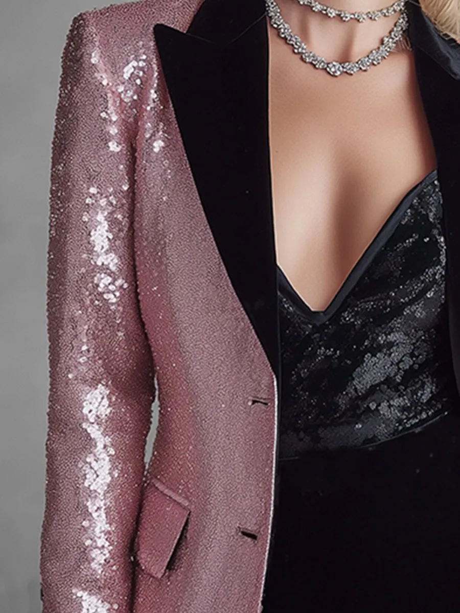 Stylish And Eye-catching Black Velvet Trim Pink Sequined Blazer sold by Oyrosy product image thumbnail 3