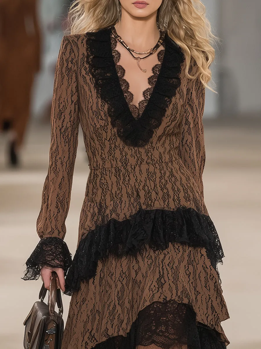Retro Elegant V-neck Black Lace Trim Brown Lace Maxi Dress sold by Oyrosy product image thumbnail 3