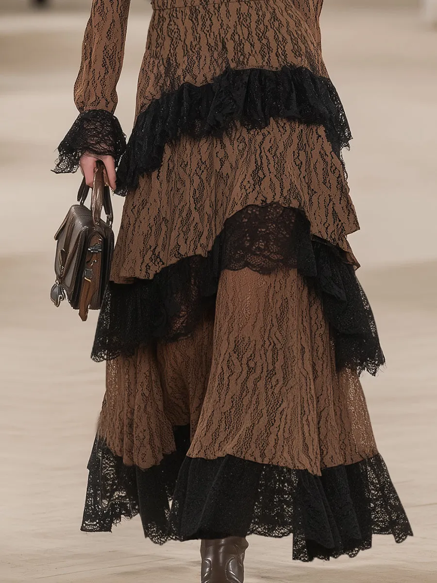 Retro Elegant V-neck Black Lace Trim Brown Lace Maxi Dress sold by Oyrosy product image thumbnail 4