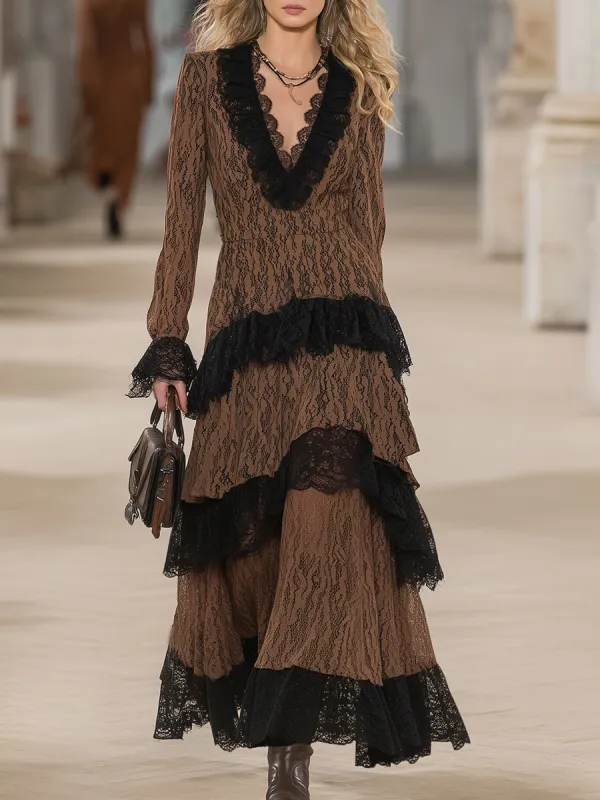Retro Elegant V-neck Black Lace Trim Brown Lace Maxi Dress sold by Oyrosy