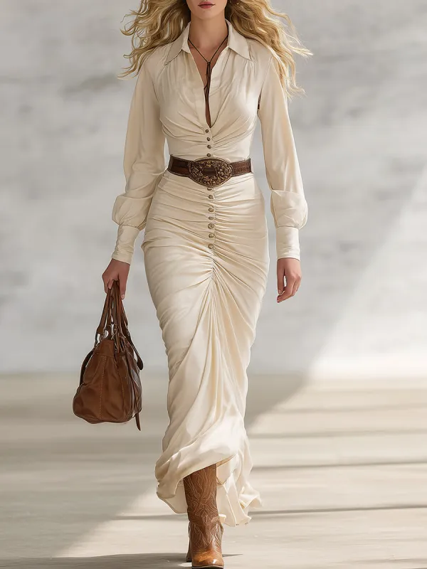 High-end Chic Gathering Decorative Buttons Beige Maxi Dress sold by Oyrosy