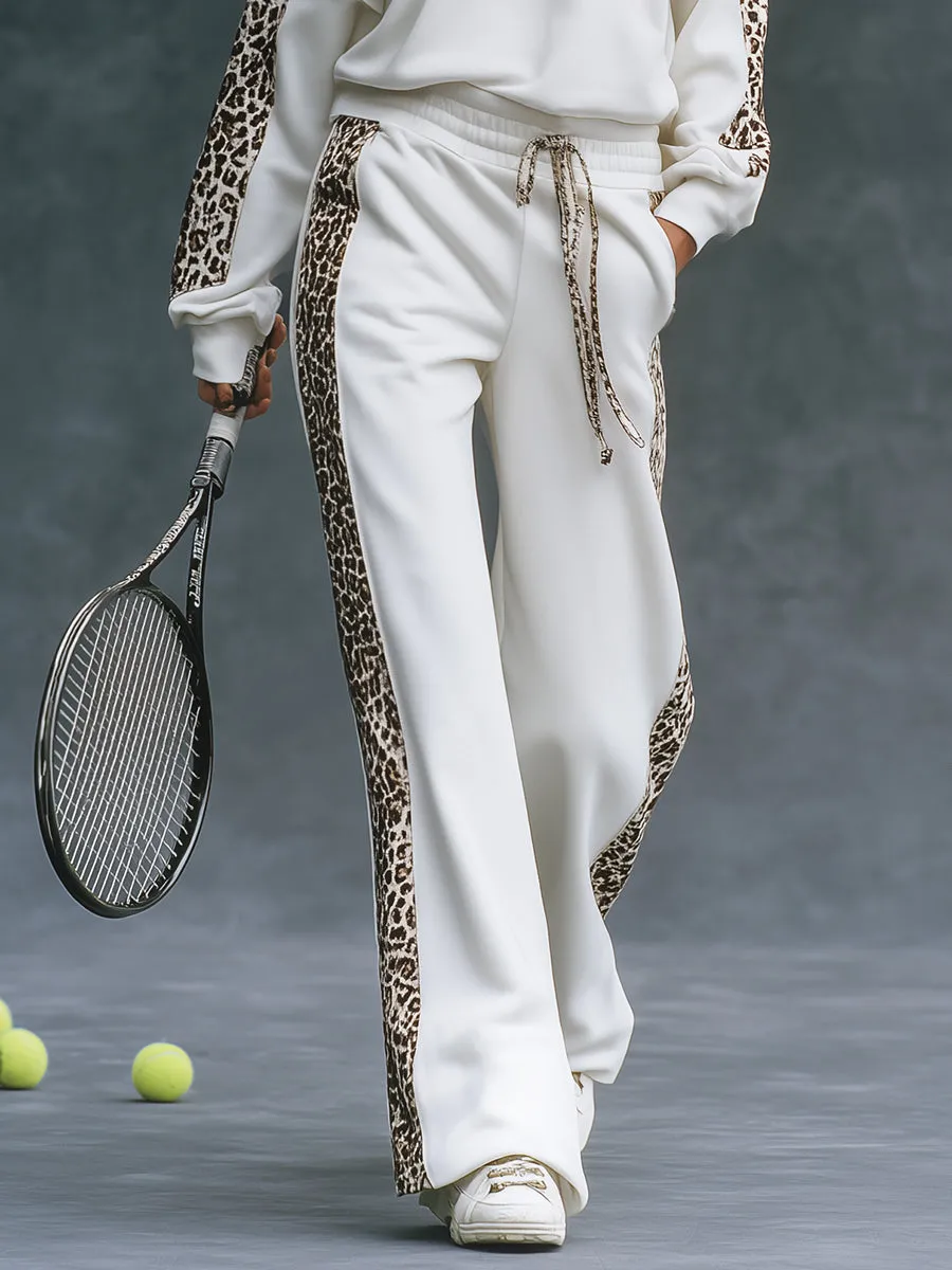Trendy Sporty Leopard Print Patchwork White Hooded Sweatshirt And Wide-leg Pants Set sold by Oyrosy product image thumbnail 4