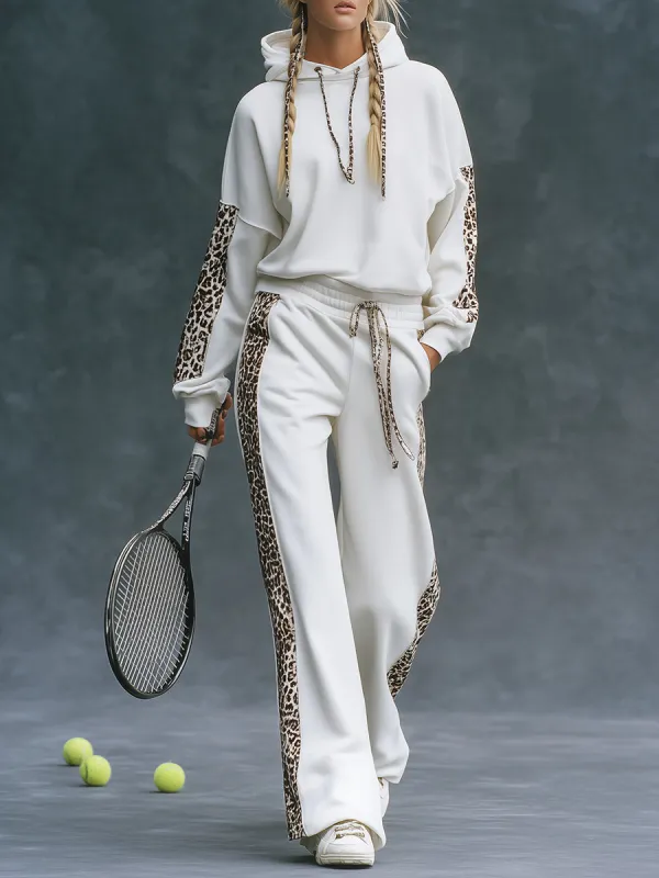 Trendy Sporty Leopard Print Patchwork White Hooded Sweatshirt And Wide-leg Pants Set sold by Oyrosy