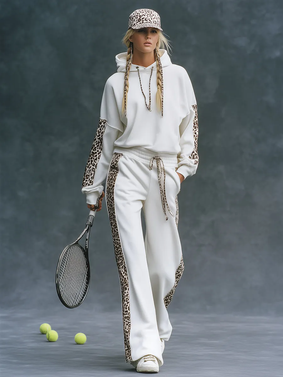 Trendy Sporty Leopard Print Patchwork White Hooded Sweatshirt And Wide-leg Pants Set sold by Oyrosy product image thumbnail 2