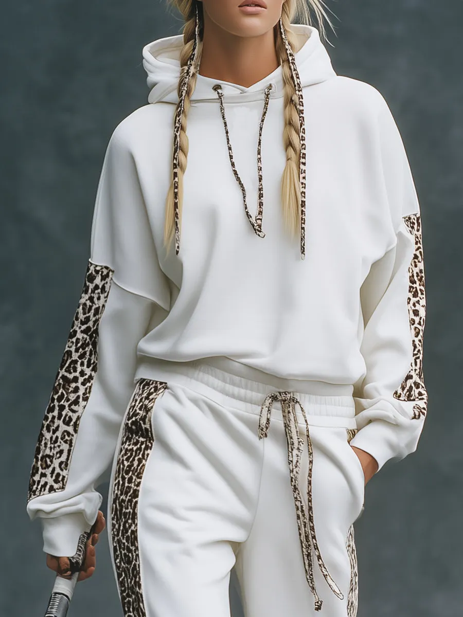 Trendy Sporty Leopard Print Patchwork White Hooded Sweatshirt And Wide-leg Pants Set sold by Oyrosy product image thumbnail 3