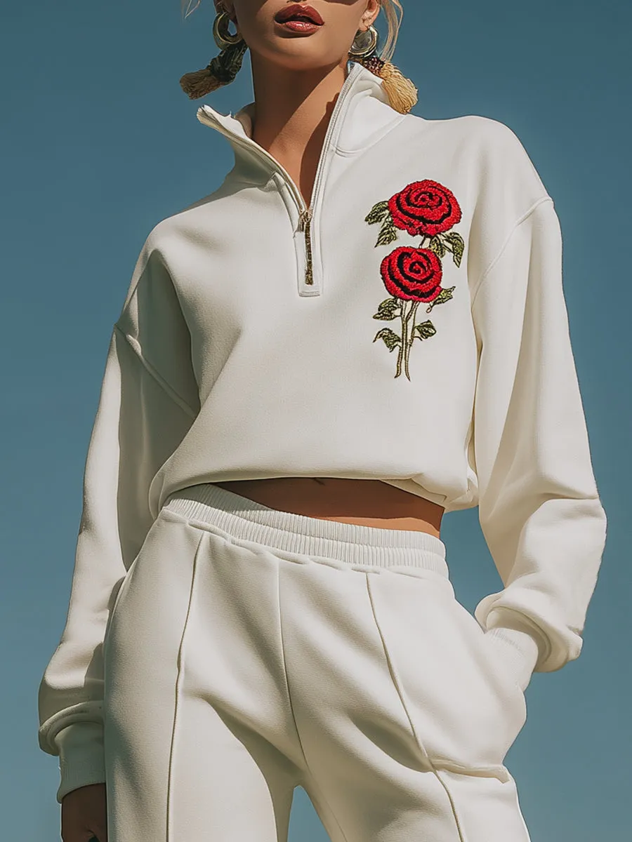 Ballet-inspired Sporty Red Floral Embroidered Lace Patchwork White Sweatshirt And Flared Pants Set sold by Oyrosy product image thumbnail 3