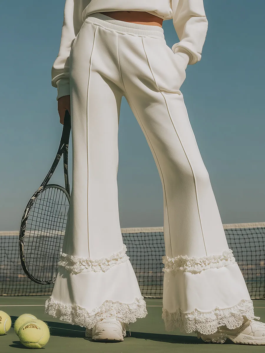 Ballet-inspired Sporty Red Floral Embroidered Lace Patchwork White Sweatshirt And Flared Pants Set sold by Oyrosy product image thumbnail 4