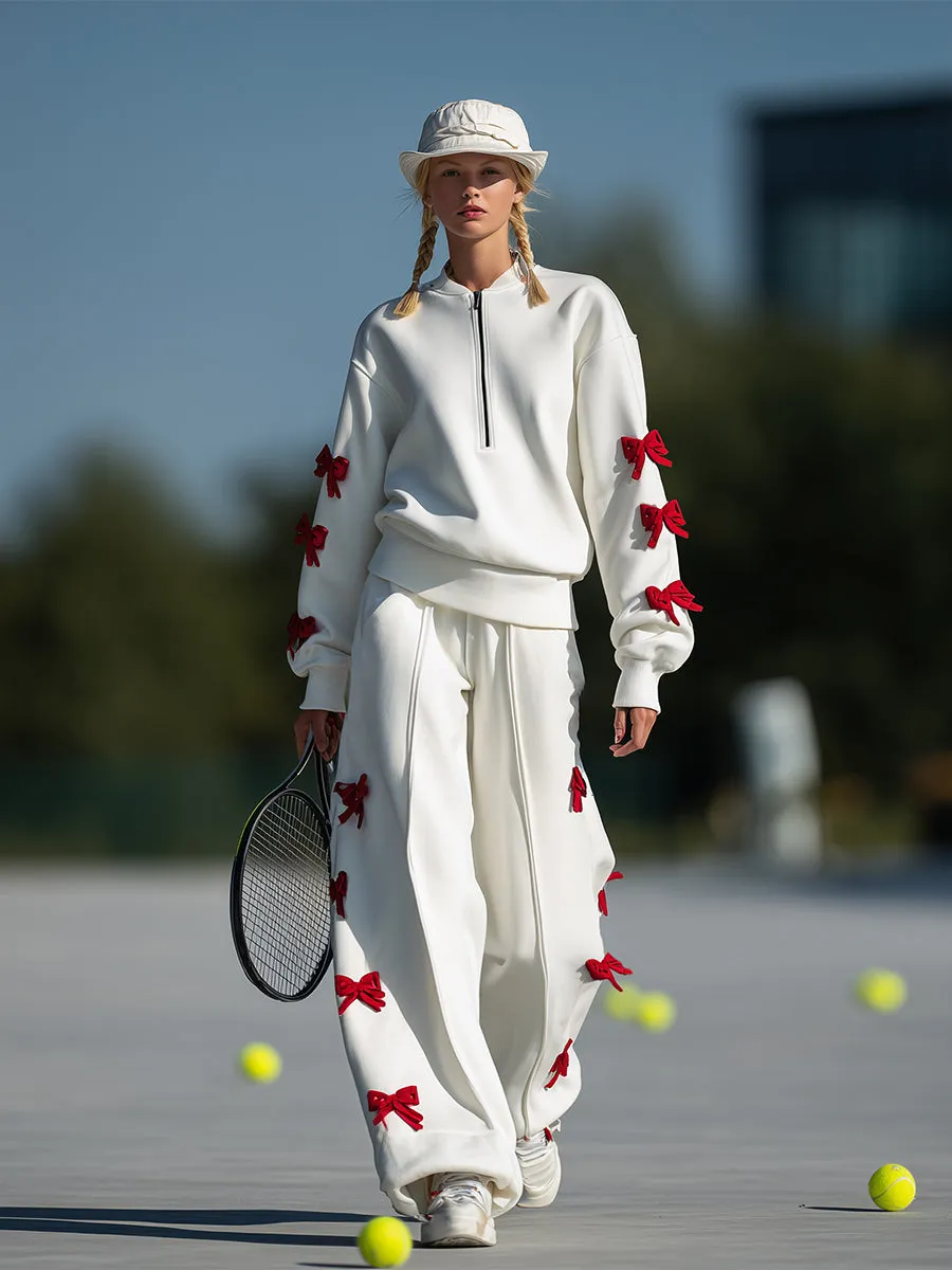 Ballet-inspired Sporty Red Bow White Sweatshirt And Wide-leg Pants Set sold by Oyrosy product image thumbnail 3