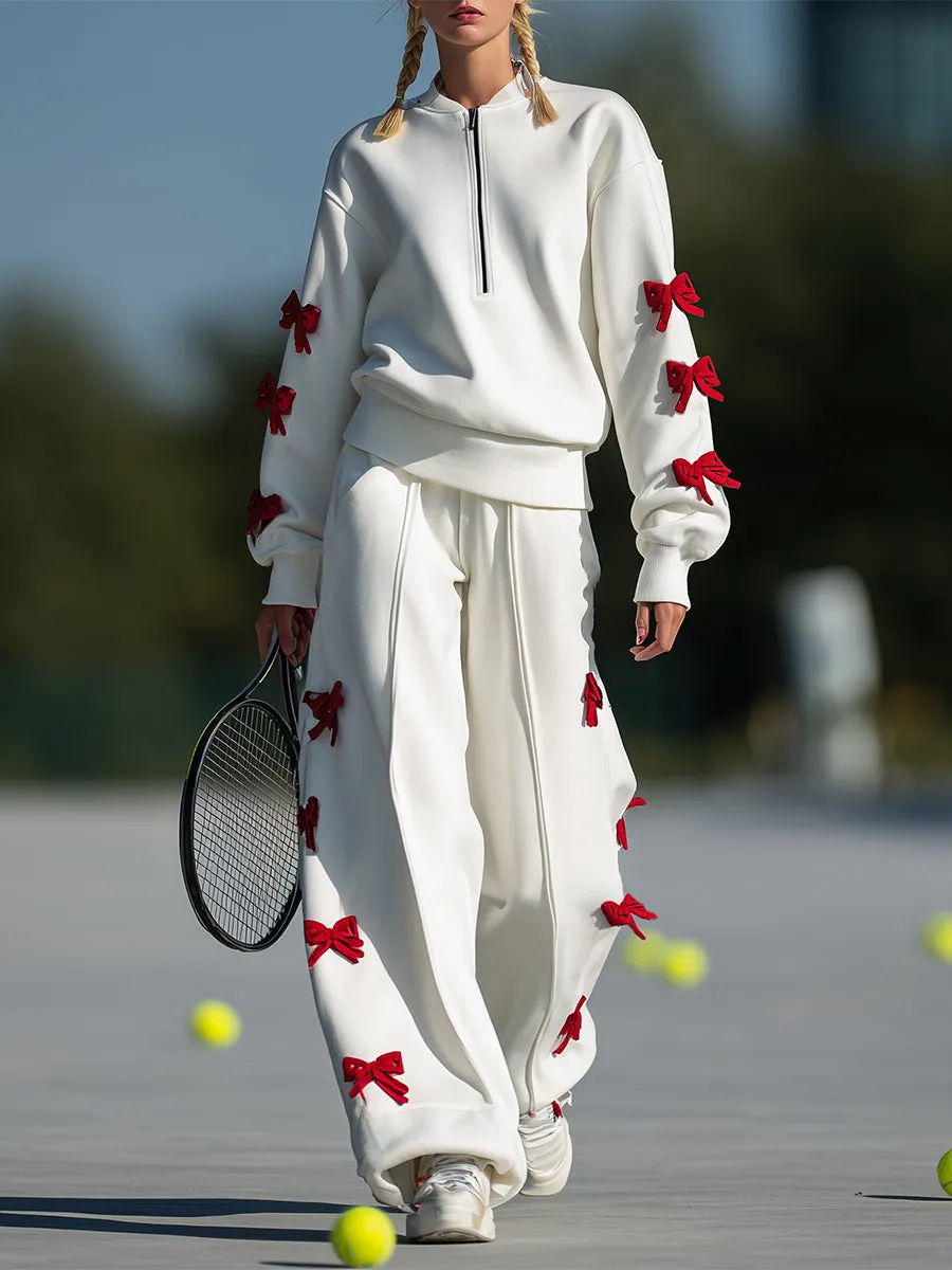 Ballet-inspired Sporty Red Bow White Sweatshirt And Wide-leg Pants Set sold by Oyrosy