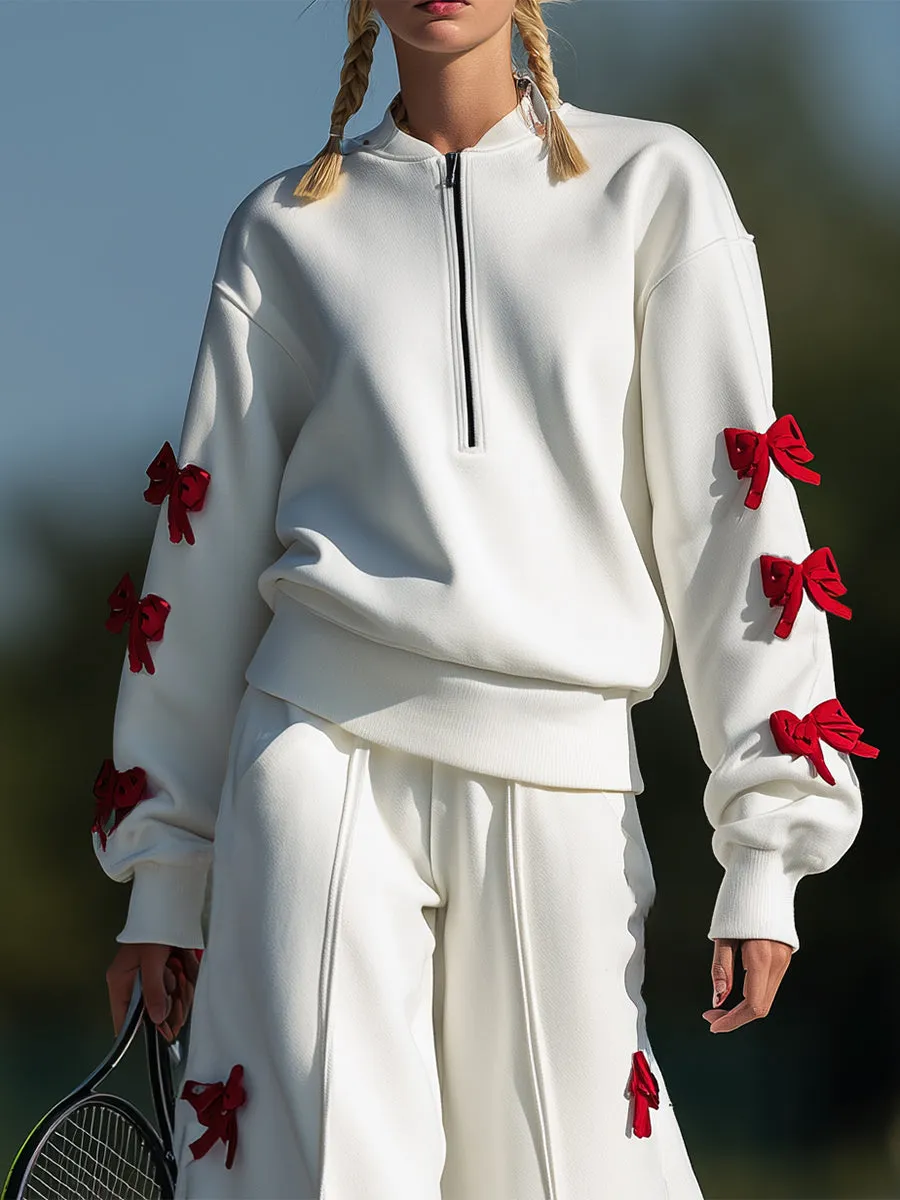 Ballet-inspired Sporty Red Bow White Sweatshirt And Wide-leg Pants Set sold by Oyrosy product image thumbnail 2