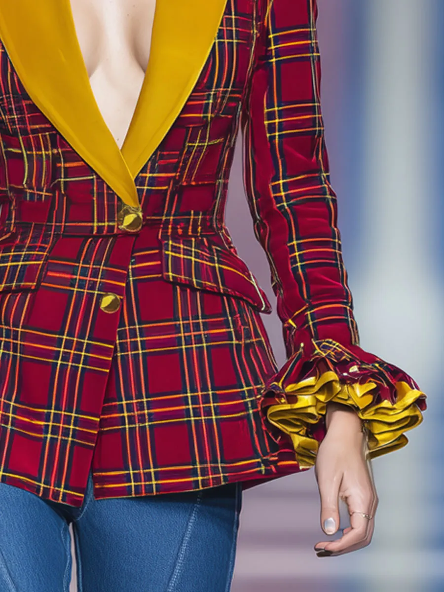 Holiday Retro Red Plaid Velvet Ruffled Blazer sold by Oyrosy product image thumbnail 3