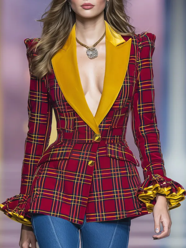 Holiday Retro Red Plaid Velvet Ruffled Blazer sold by Oyrosy