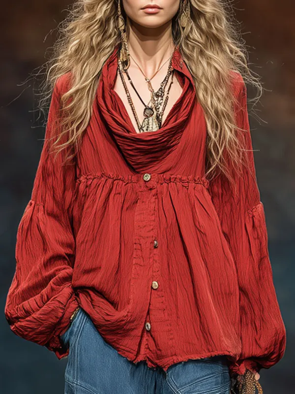 Fashionable Retro Red Wrinkled Cotton Turtleneck Long-sleeved Shirt sold by Oyrosy