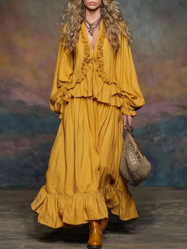 Fashionable Retro Yellow Ruched Cotton Ruffled Long-sleeved Shirt And Skirt Set sold by Oyrosy