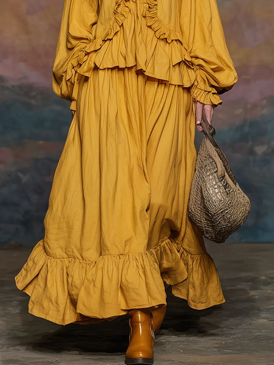 Fashionable Retro Yellow Ruched Cotton Ruffled Long-sleeved Shirt And Skirt Set sold by Oyrosy product image thumbnail 3