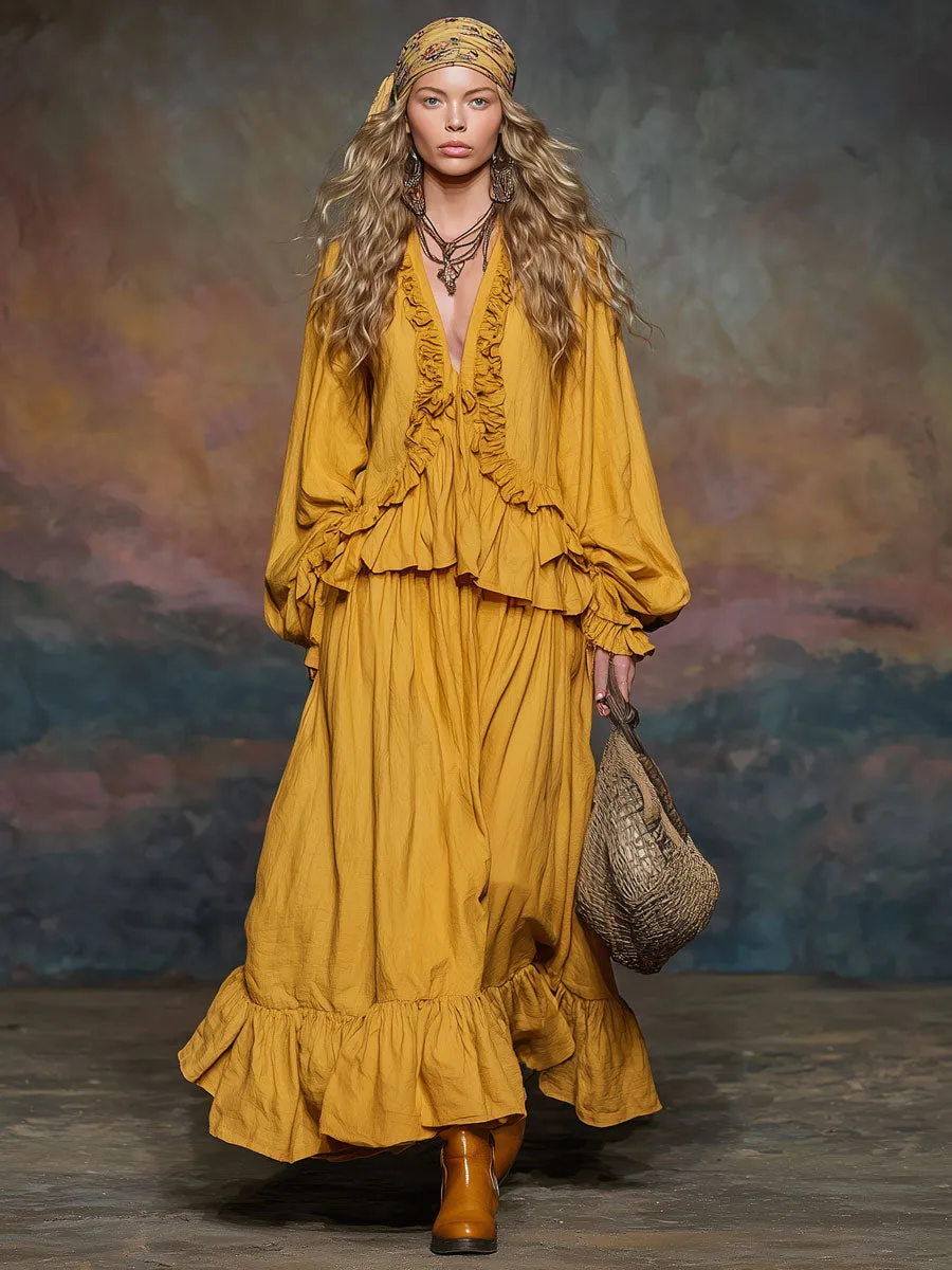 Fashionable Retro Yellow Ruched Cotton Ruffled Long-sleeved Shirt And Skirt Set sold by Oyrosy product image thumbnail 2