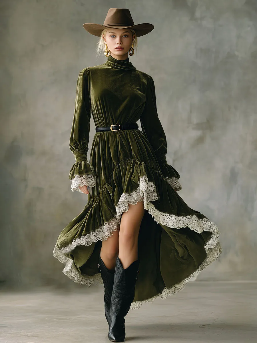 High-necked Lace-trimmed Velvet Maxi Dress sold by Oyrosy product image thumbnail 4