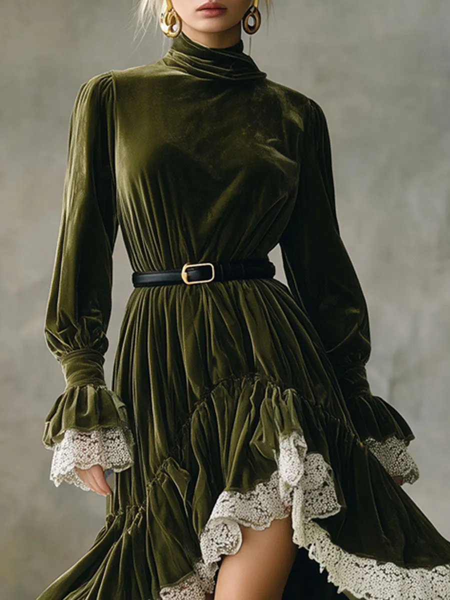 High-necked Lace-trimmed Velvet Maxi Dress sold by Oyrosy product image thumbnail 2