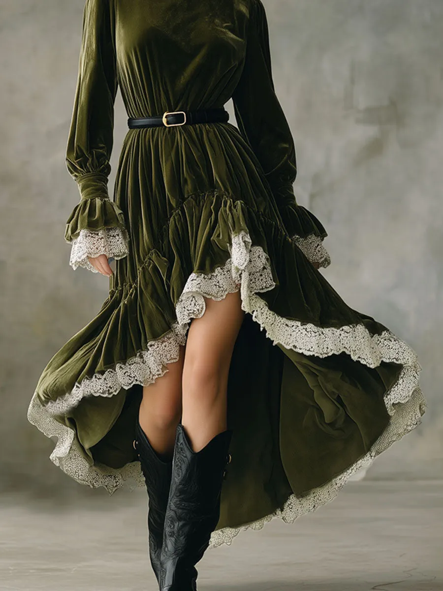 High-necked Lace-trimmed Velvet Maxi Dress sold by Oyrosy product image thumbnail 3