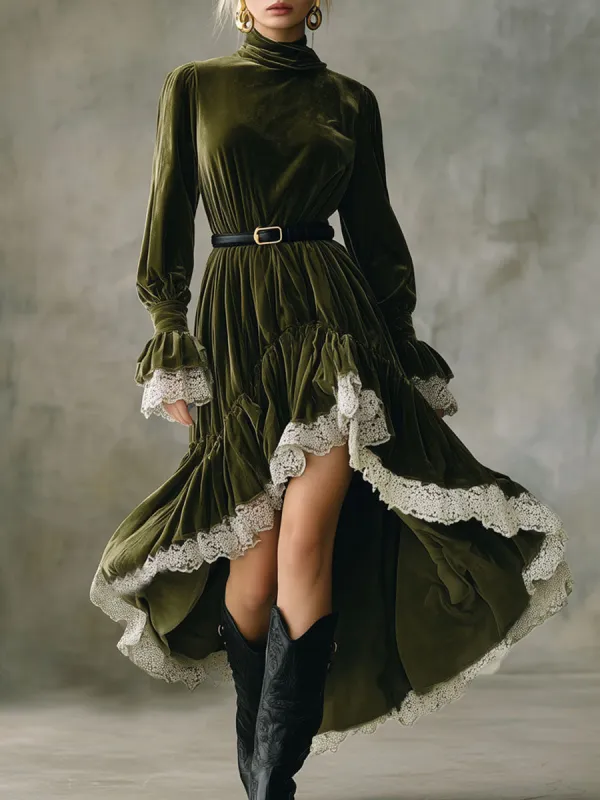 High-necked Lace-trimmed Velvet Maxi Dress sold by Oyrosy