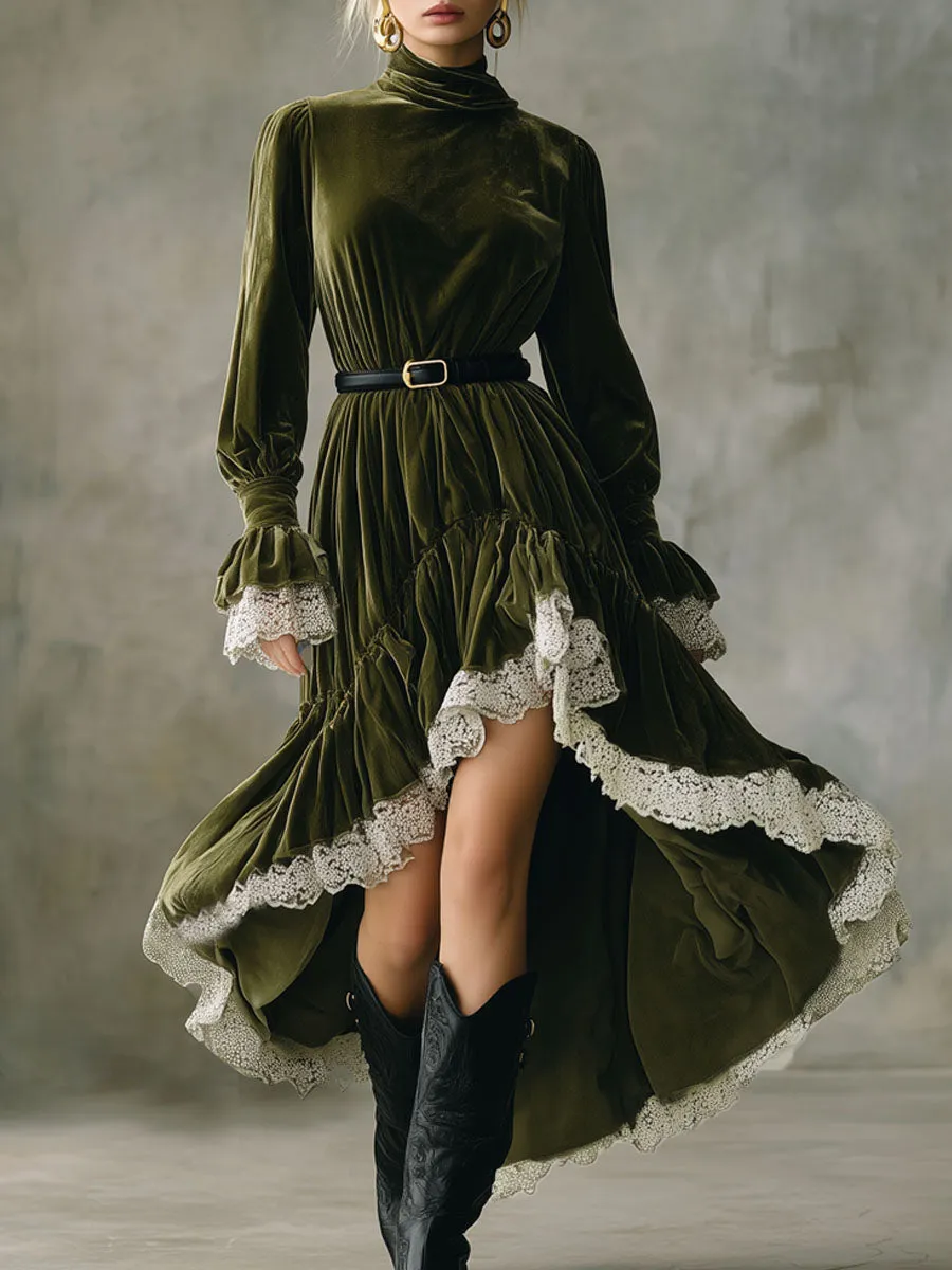 High-necked Lace-trimmed Velvet Maxi Dress sold by Oyrosy