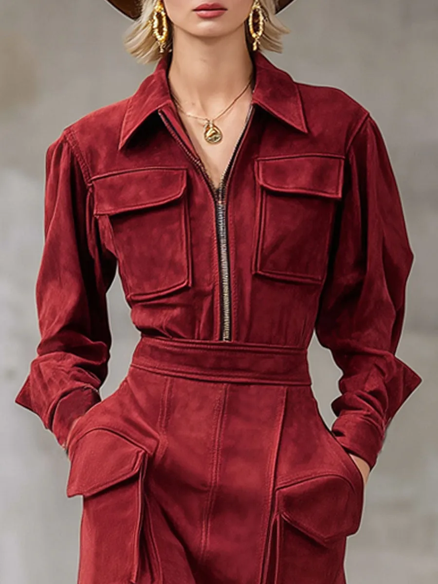 Lapel Zipper Workwear Style Multi-pocket Faux Suede Midi Dress sold by Oyrosy product image thumbnail 2