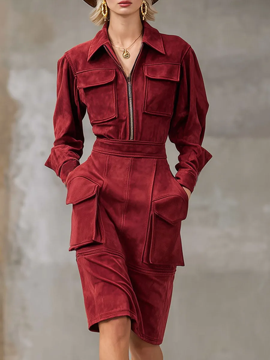 Lapel Zipper Workwear Style Multi-pocket Faux Suede Midi Dress sold by Oyrosy