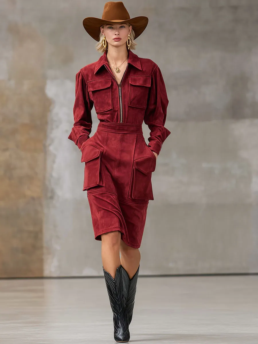 Lapel Zipper Workwear Style Multi-pocket Faux Suede Midi Dress sold by Oyrosy product image thumbnail 4
