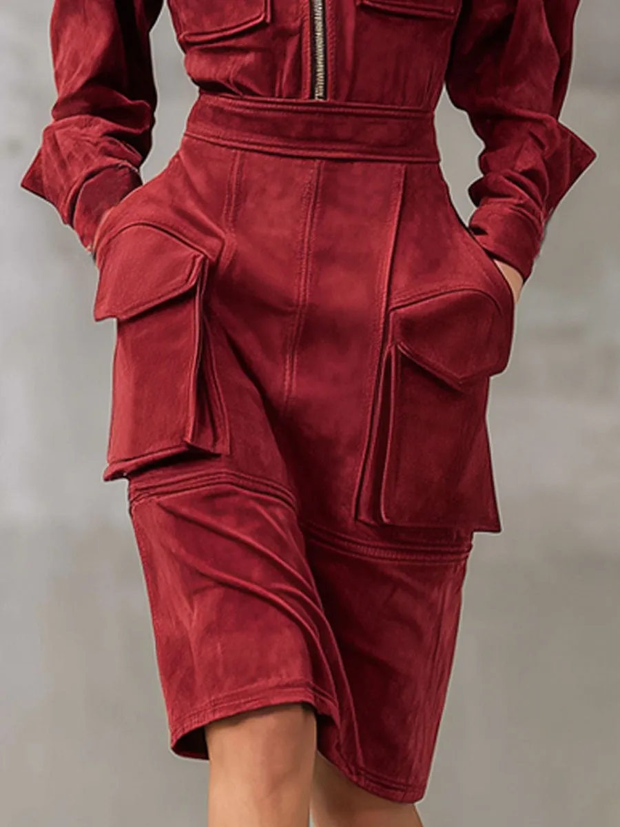 Lapel Zipper Workwear Style Multi-pocket Faux Suede Midi Dress sold by Oyrosy product image thumbnail 3