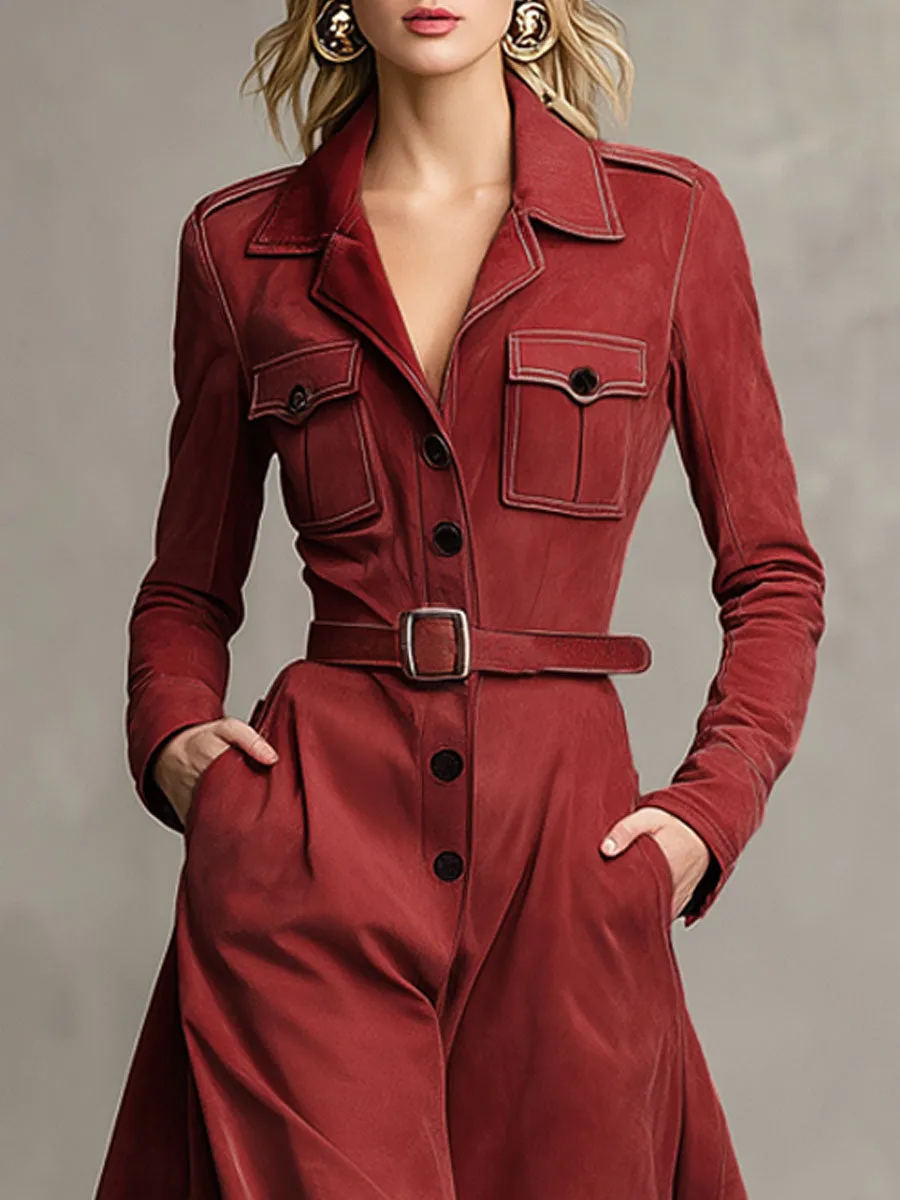 Western-style Lapel Multi-pocket Single-breasted Faux Suede Maxi Dress sold by Oyrosy product image thumbnail 2