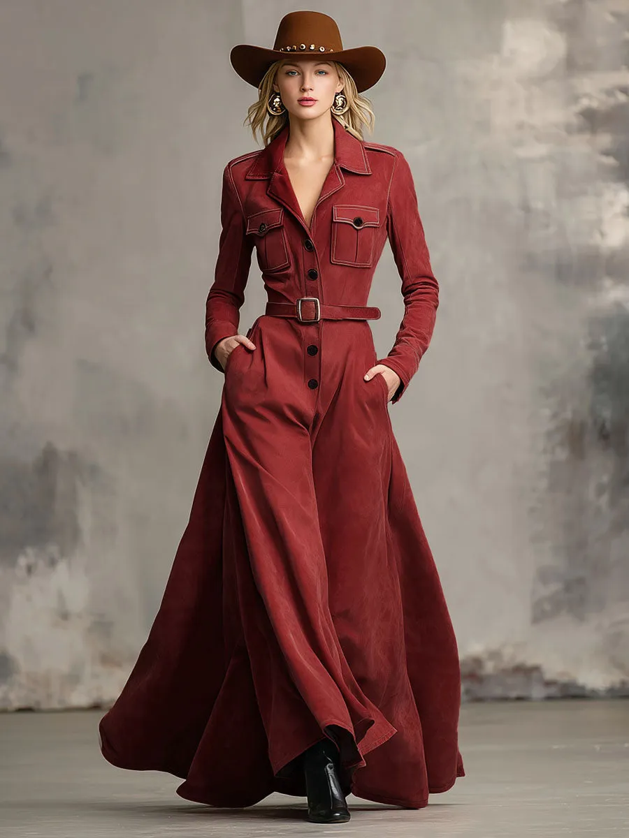 Western-style Lapel Multi-pocket Single-breasted Faux Suede Maxi Dress sold by Oyrosy product image thumbnail 4