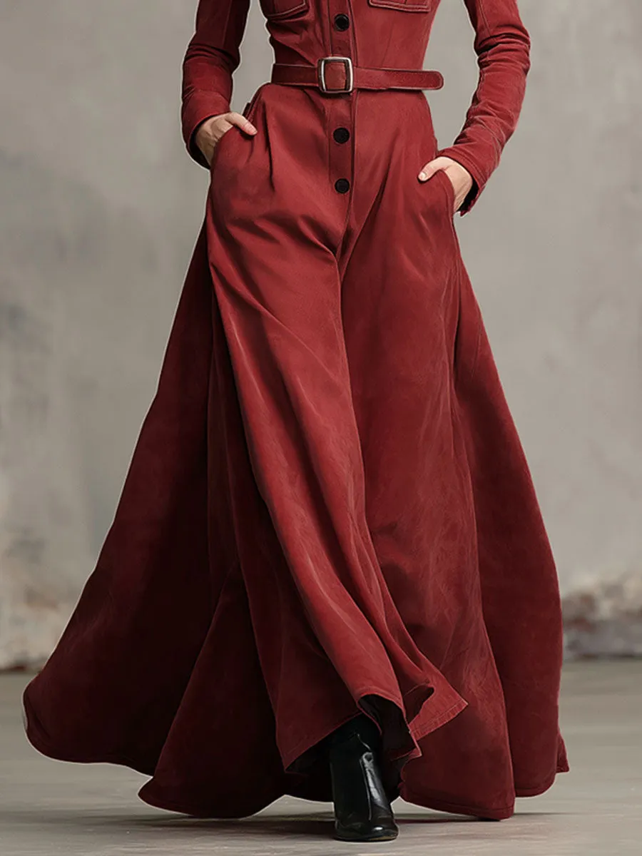 Western-style Lapel Multi-pocket Single-breasted Faux Suede Maxi Dress sold by Oyrosy product image thumbnail 3