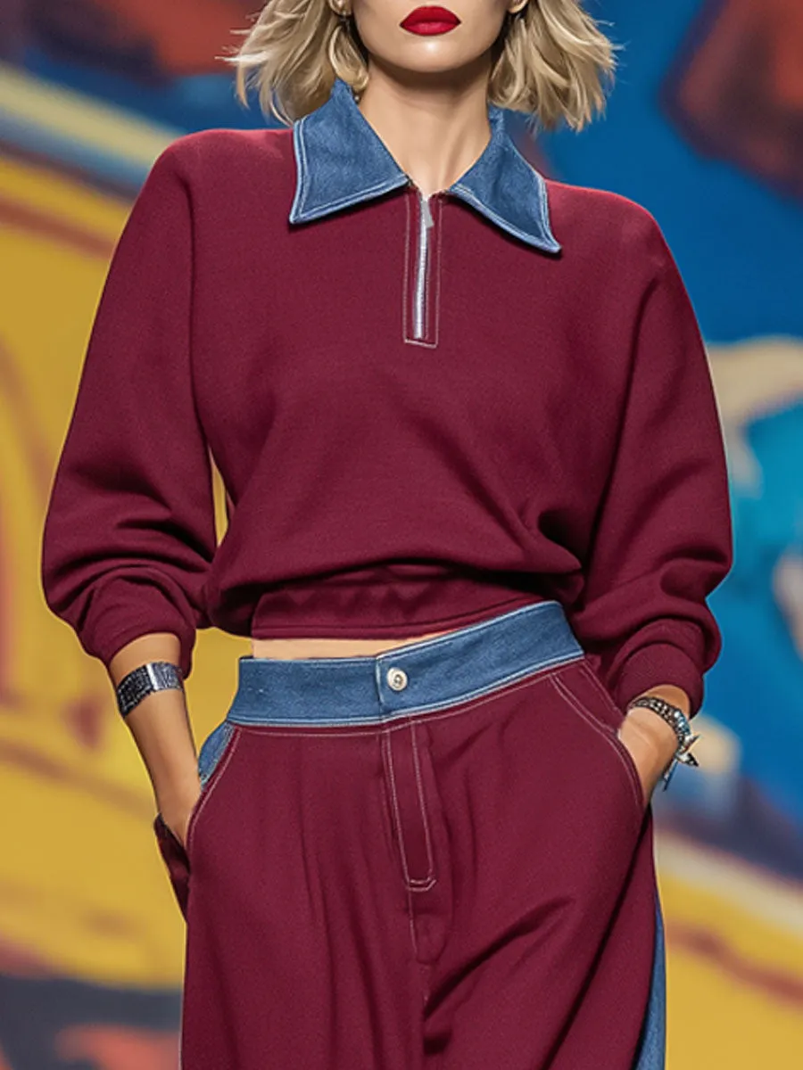 Loose-fitting Collared Zip-up Sweatshirt And Pants Set sold by Oyrosy product image thumbnail 2