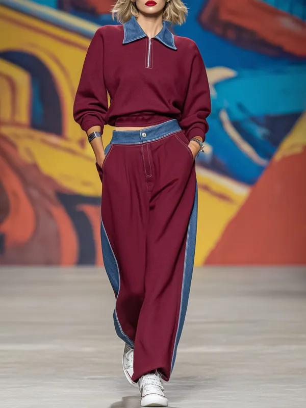 Loose-fitting Collared Zip-up Sweatshirt And Pants Set sold by Oyrosy