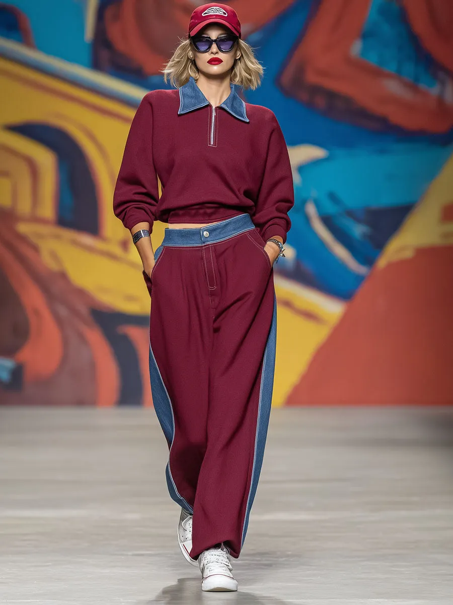 Loose-fitting Collared Zip-up Sweatshirt And Pants Set sold by Oyrosy product image thumbnail 4