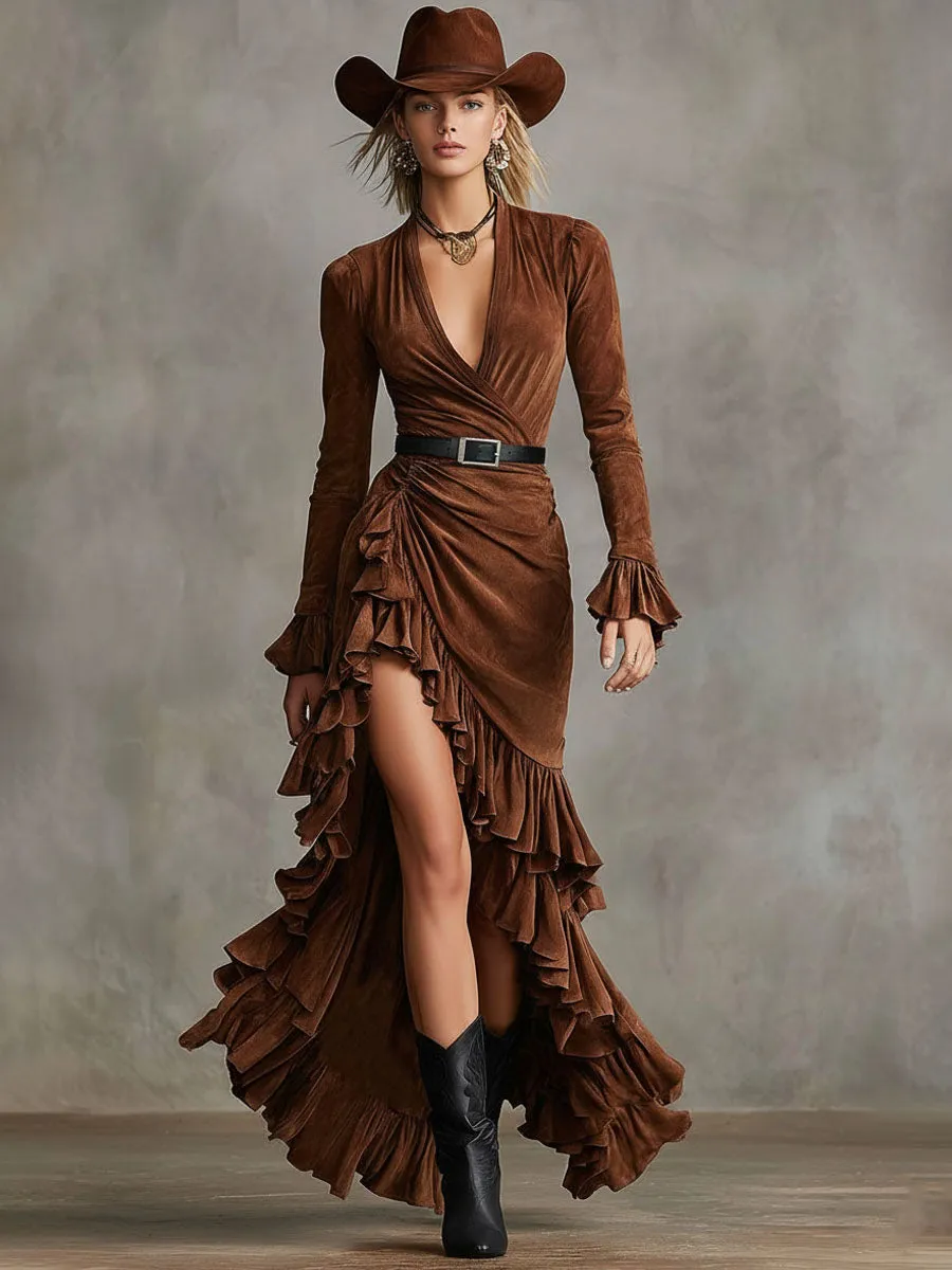 Western-style V-neck Ruffled Faux Suede Maxi Dress sold by Oyrosy product image thumbnail 4