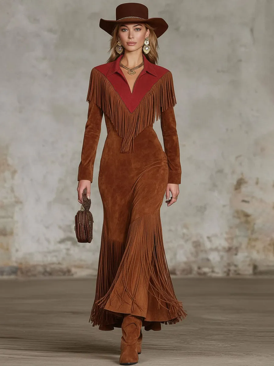 Western-style Color-blocked Fringed Suede Maxi Dress sold by Oyrosy product image thumbnail 4