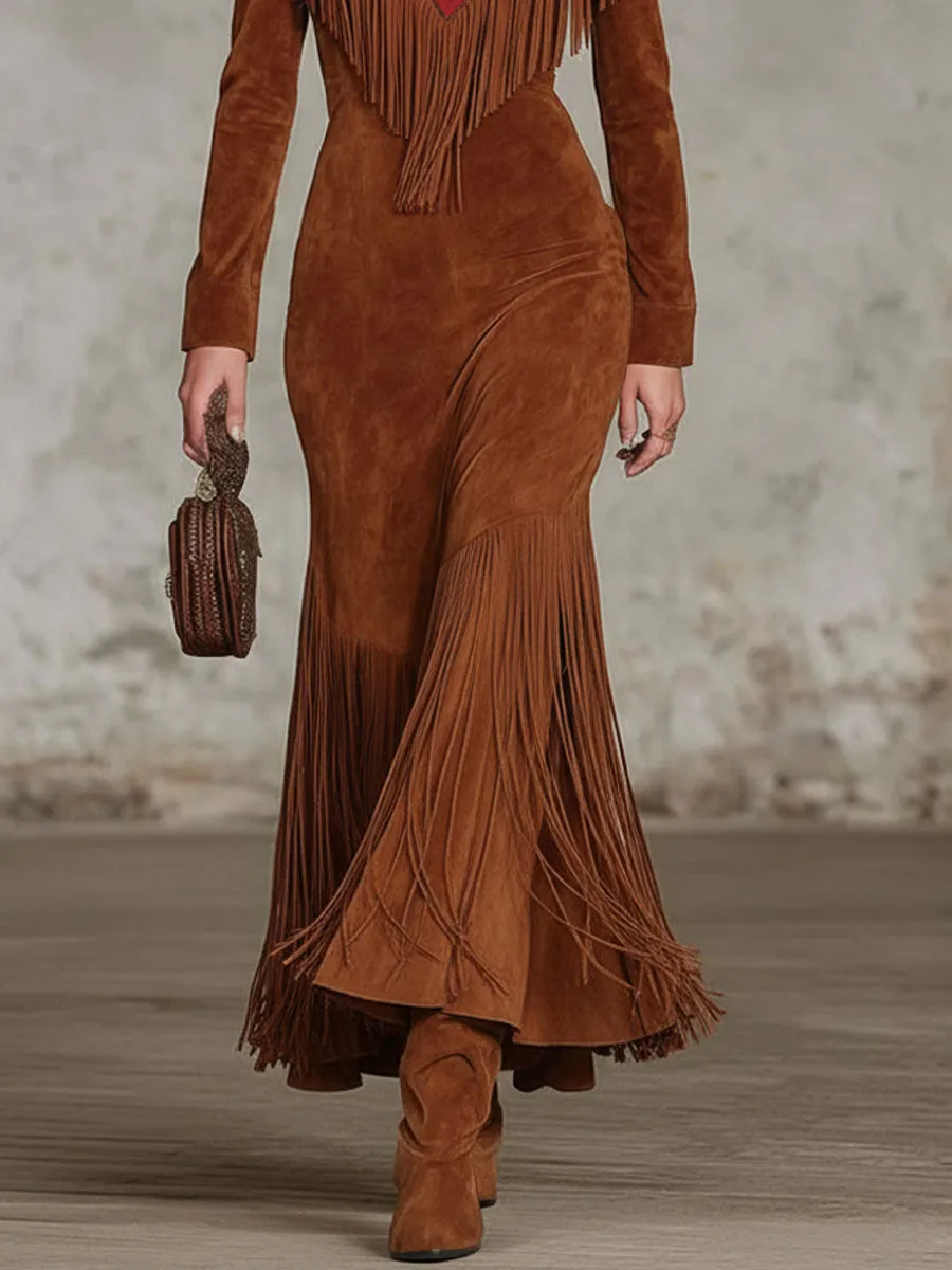 Western-style Color-blocked Fringed Suede Maxi Dress sold by Oyrosy product image thumbnail 3