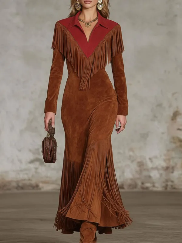 Western-style Color-blocked Fringed Suede Maxi Dress sold by Oyrosy