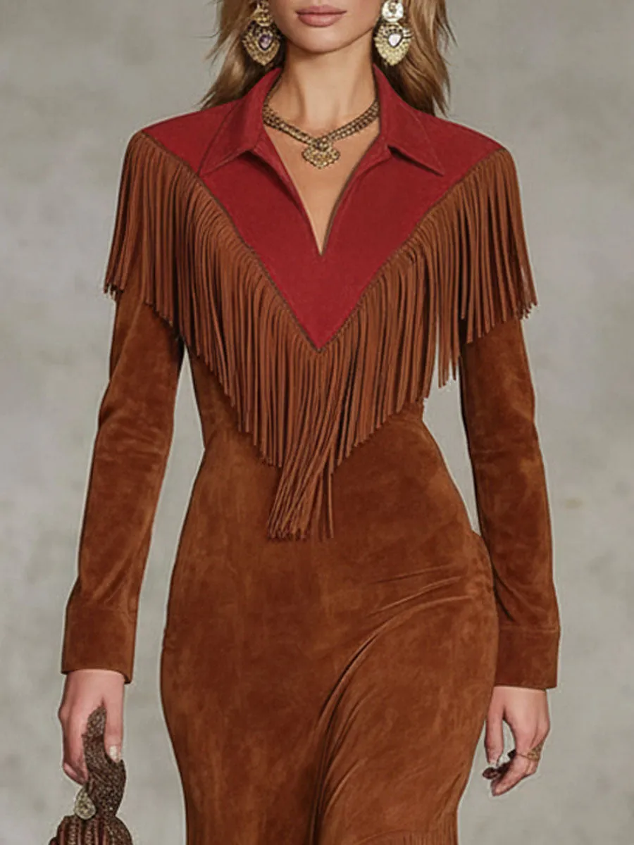Western-style Color-blocked Fringed Suede Maxi Dress sold by Oyrosy product image thumbnail 2